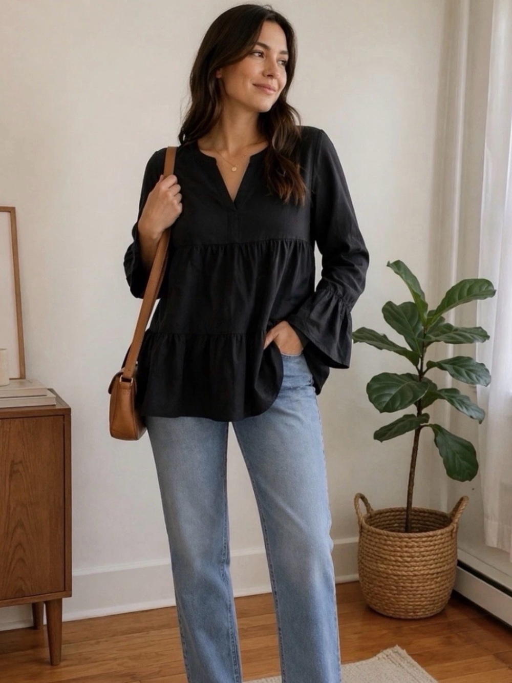 Black Pomander Place 2X V-Neck Bell Sleeve Blouse